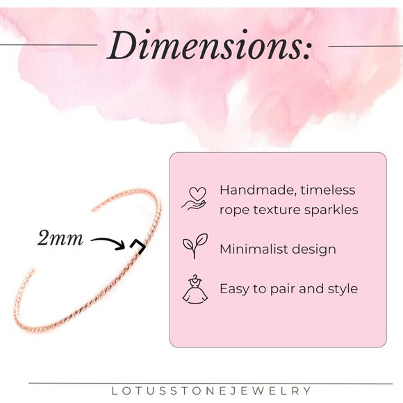 Lotus Stone Design Rose Gold Filled Twisted Rope Cuff Bracelet for Women, Medium - Picture 4 of 9